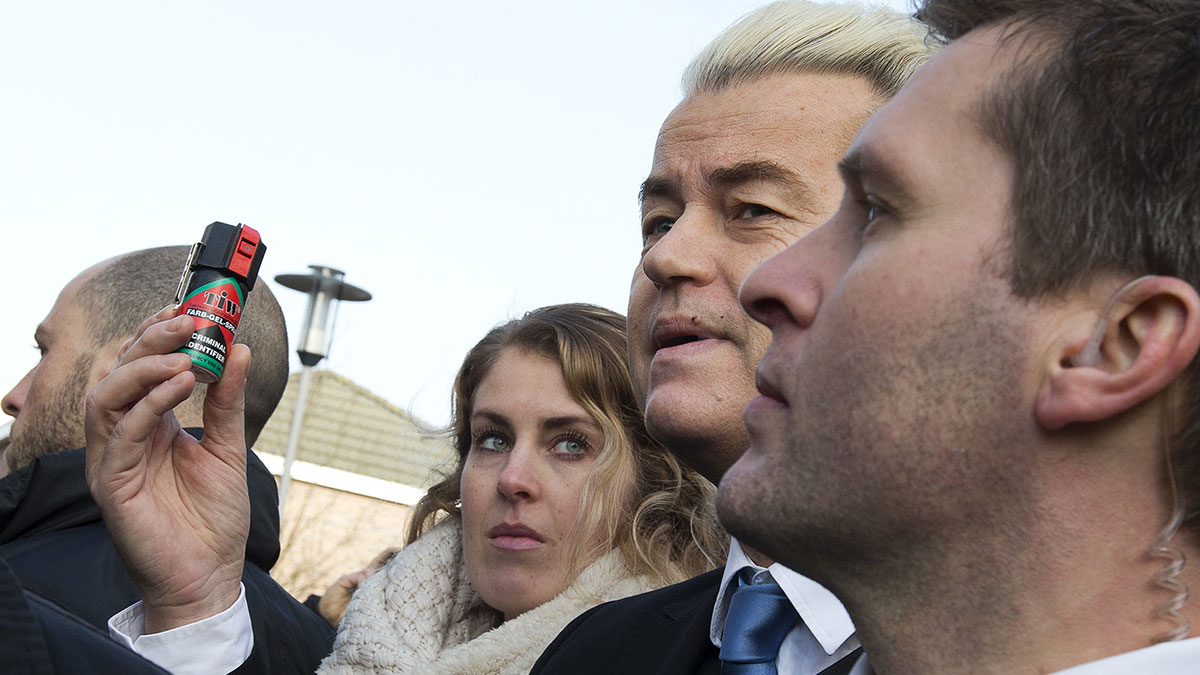 In a stunt, Wilders handed out pepper spray, saying women needed to defend themselves against migrants.